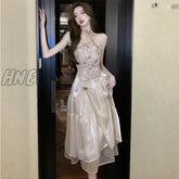 Hnewly Women’s Dress Y2K A-Line Skirt Hanging Neck Sexy Chiffon Pleated Fishtail Short Imitation